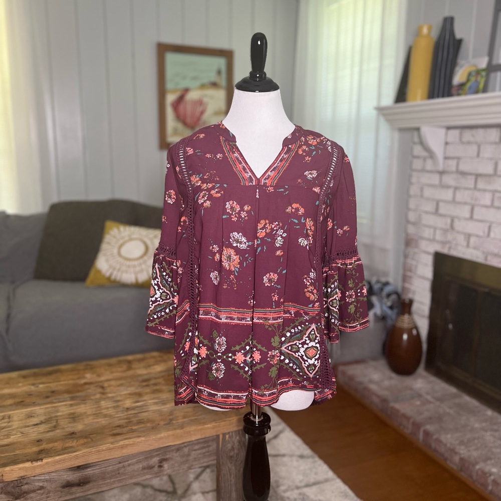 Knox Rose Blouse Womens Purple Multicolor V Neck Hi-Lo Floral Bell 3/4 Sleeve S